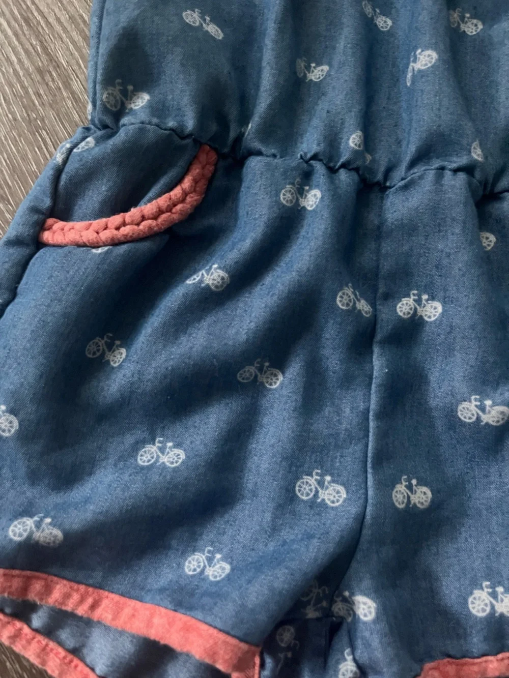 Miki Miette - Kids Blue Bicycle-Print One-Piece Romper with Pink Trim